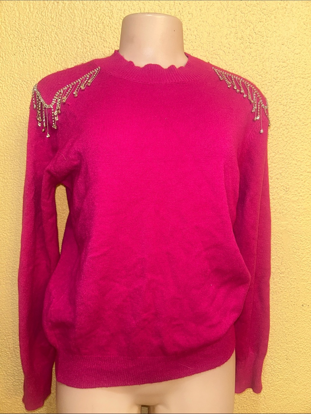 Beaded Shoulder Crewneck Sweater in Hot Pink